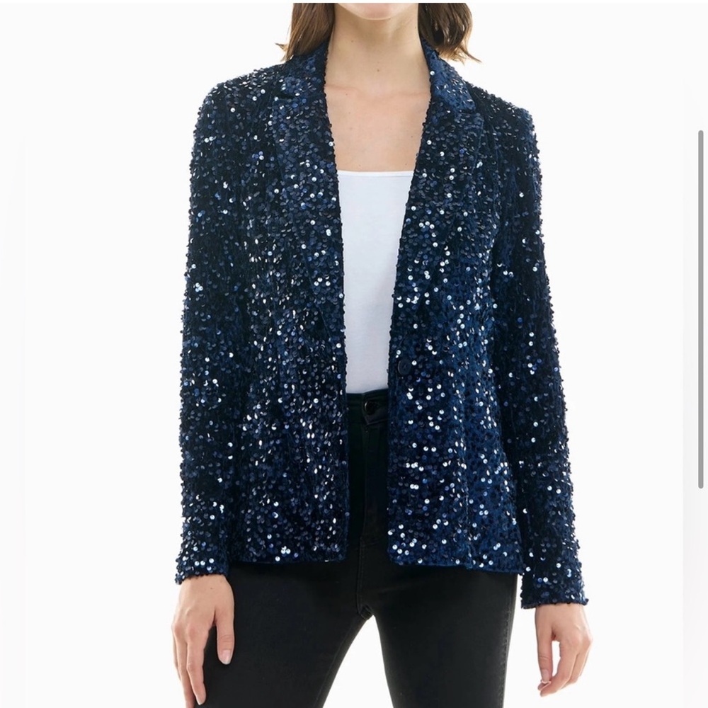 Nanette Lepore Girls’ Night Out Sapphire Blue Velvet Sequin Blazer Jacket - Picture 3 of 16